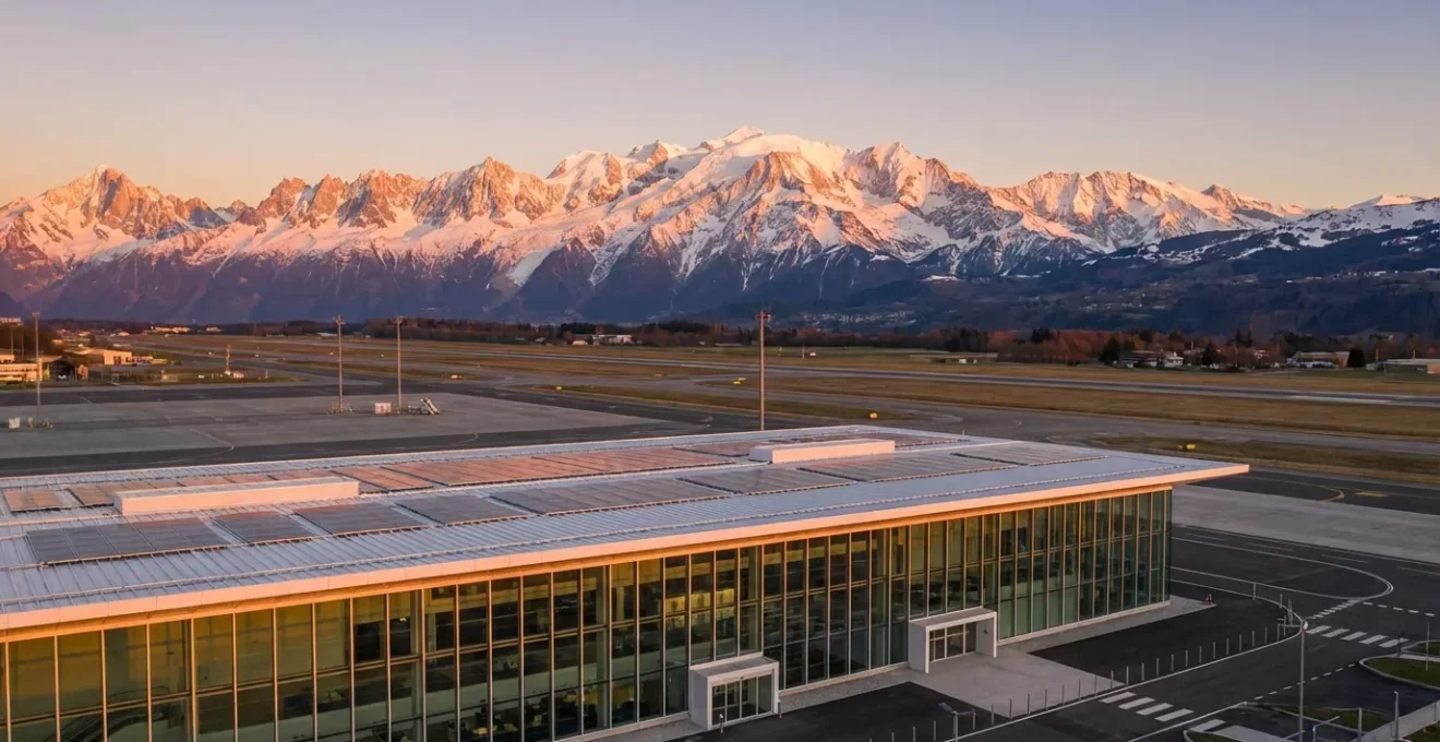 Vue panoramique de l'aéroport de Genève avec les sommets enneigés des Alpes en arrière-plan
