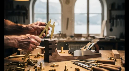 Mains expertes d'un artisan genevois ajustant avec précision un assemblage en bois noble dans un atelier baigné de lumière naturelle