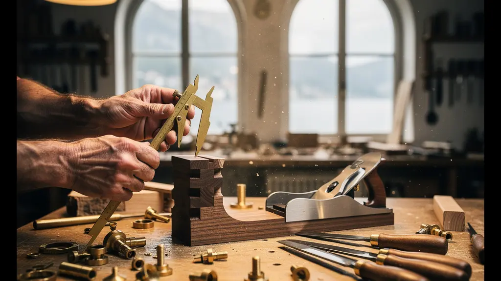 Mains expertes d'un artisan genevois ajustant avec précision un assemblage en bois noble dans un atelier baigné de lumière naturelle