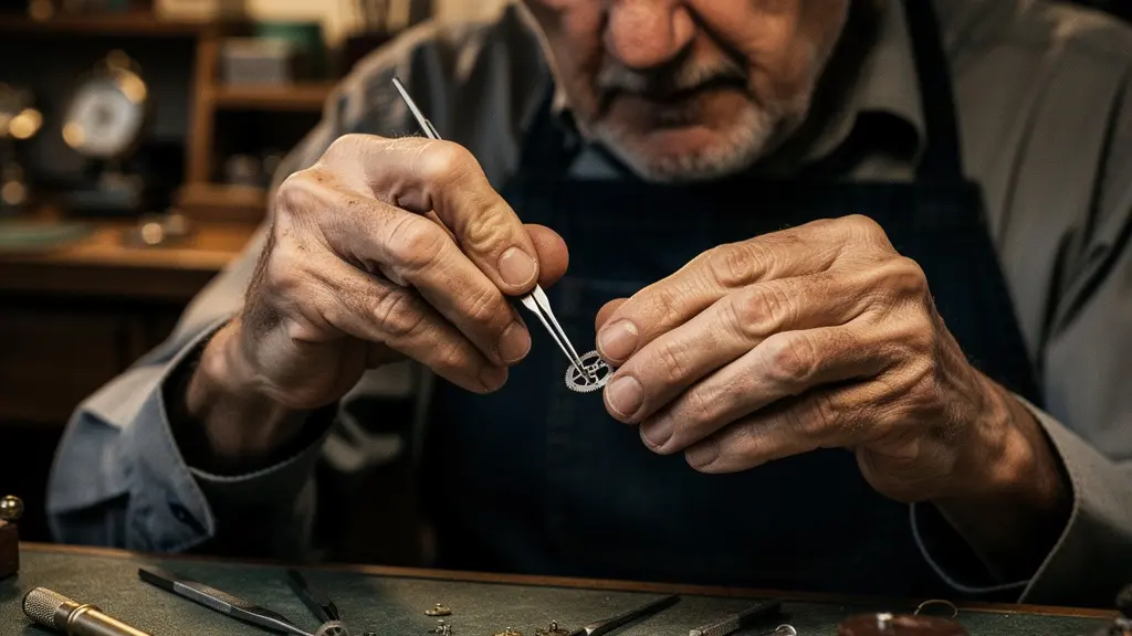 Un maître horloger genevois travaillant sur un mouvement de haute horlogerie dans son atelier