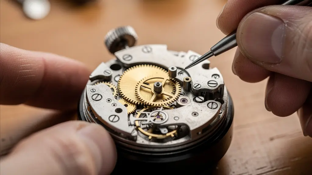 Gros plan sur les mains d'un horloger assemblant délicatement un mouvement de montre