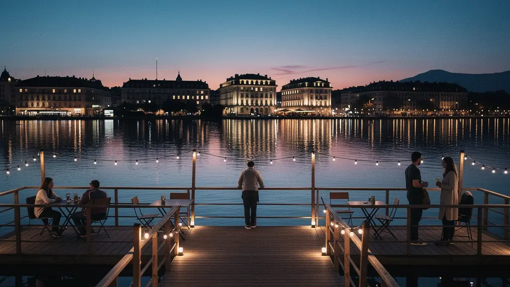 Ambiance en soirée aux Bains des Pâquis à Genève avec lumières chaleureuses reflétées sur le lac Léman