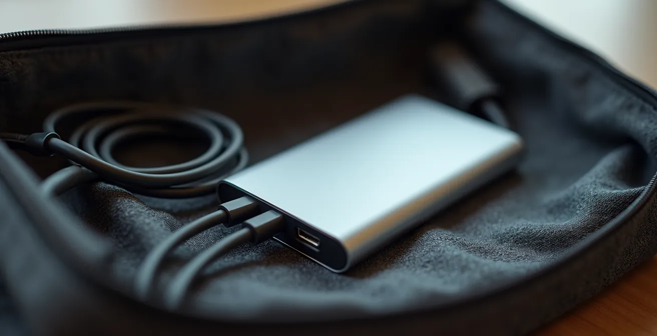 Gros plan macro sur une batterie externe connectée à un câble dans un sac de voyage