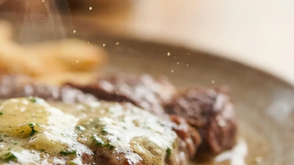 Gros plan sur une sauce au beurre aux herbes fondant sur une pièce de bœuf, avec frites maison en arrière-plan, sans aucun texte ni marque visible.