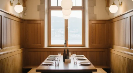 Intérieur lumineux d’une brasserie à Genève évoquant une ambiance bavaroise, avec boiseries, tables en bois et lumière naturelle, sans aucun texte visible.