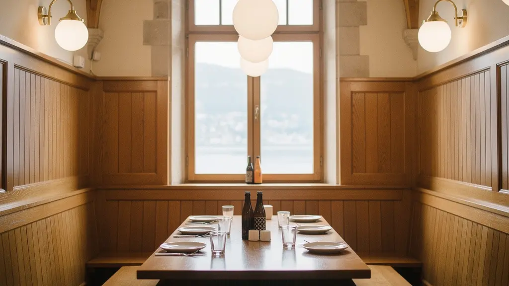 Intérieur lumineux d’une brasserie à Genève évoquant une ambiance bavaroise, avec boiseries, tables en bois et lumière naturelle, sans aucun texte visible.