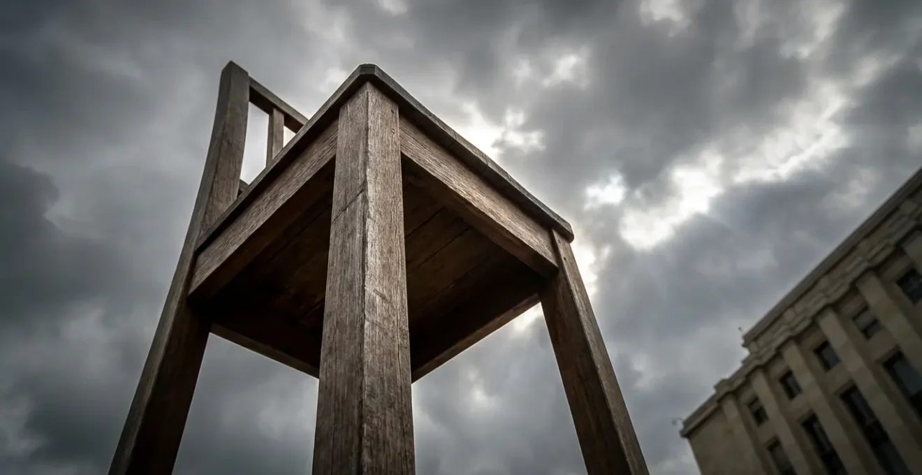 La sculpture monumentale Broken Chair sur la Place des Nations avec le Palais en arrière-plan