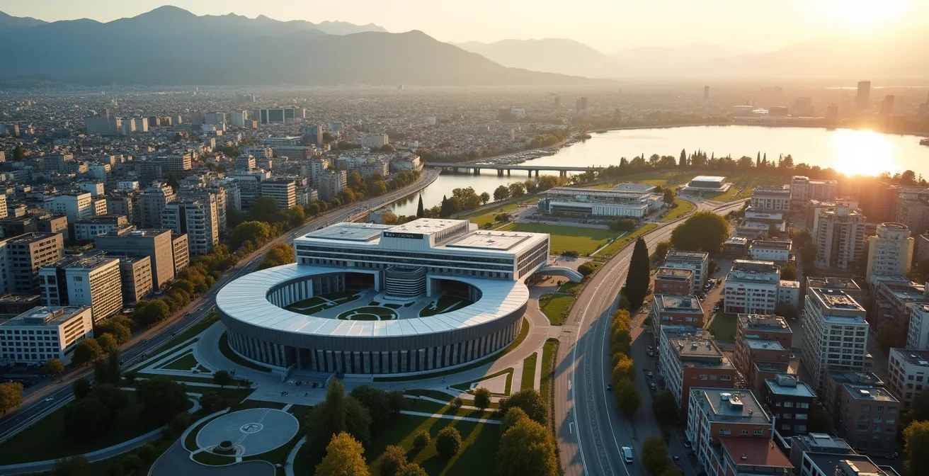 Vue aérienne de Genève avec le Palexpo et le quartier des Nations