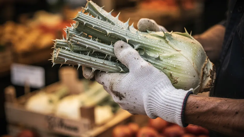 Gros plan sur des côtes de cardon épineux genevois fraîchement récoltées, montrant la texture argentée et les épines caractéristiques de cette variété AOP unique