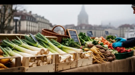 Étal de marché genevois présentant des côtes de cardon épineux fraîchement blanchies disposées sur une surface en bois, avec en arrière-plan les toits de la vieille ville de Genève baignés de lumière hivernale.