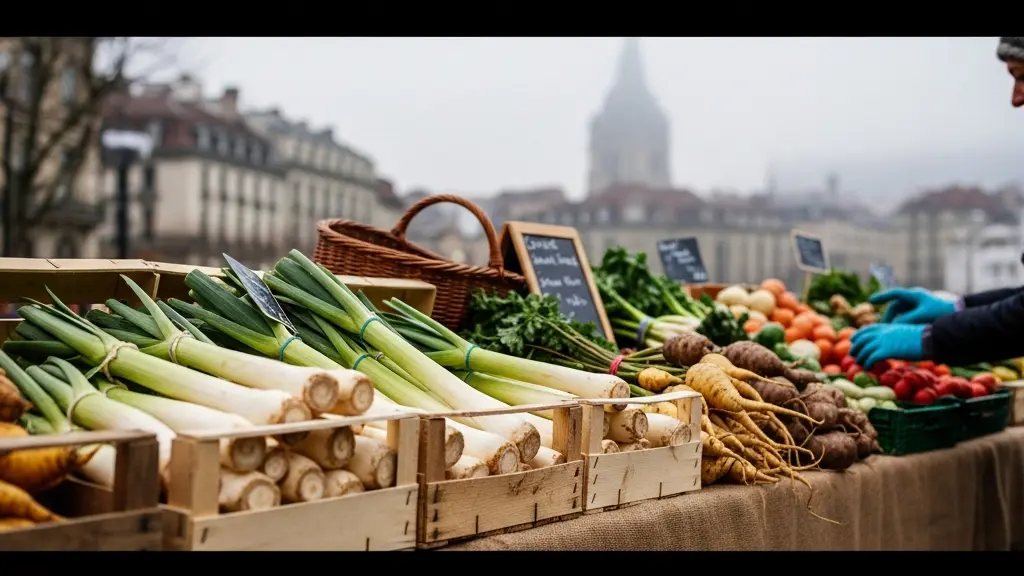 Étal de marché genevois présentant des côtes de cardon épineux fraîchement blanchies disposées sur une surface en bois, avec en arrière-plan les toits de la vieille ville de Genève baignés de lumière hivernale.