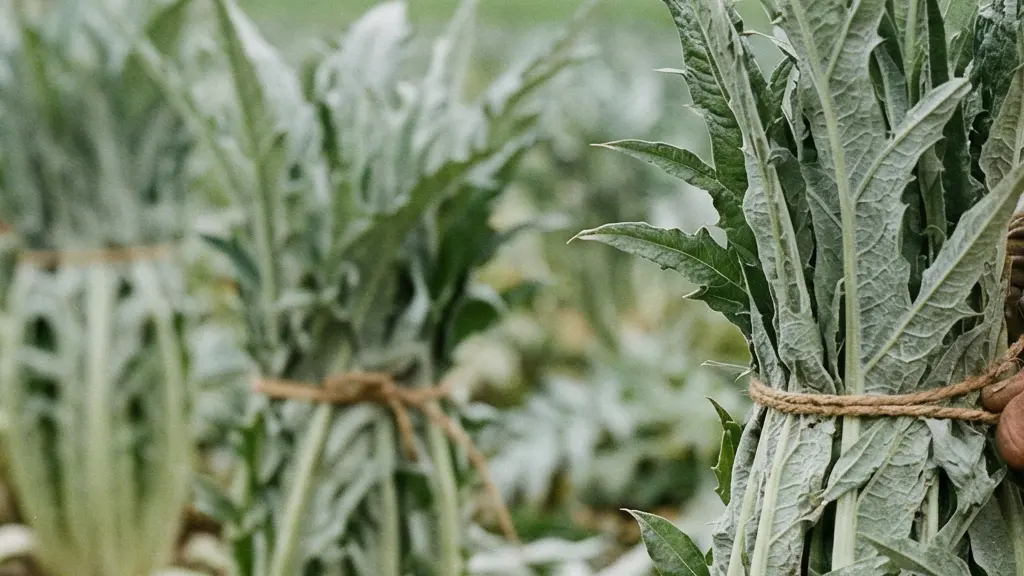 Plants de cardon épineux genevois AOP dans un champ maraîcher du canton de Genève, hautes feuilles argentées ligotées pour le blanchiment automnal