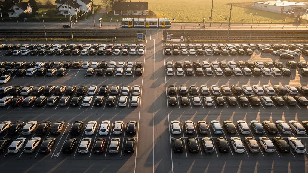 Vue aérienne d'un parking relais bondé à la frontière franco-suisse au lever du soleil