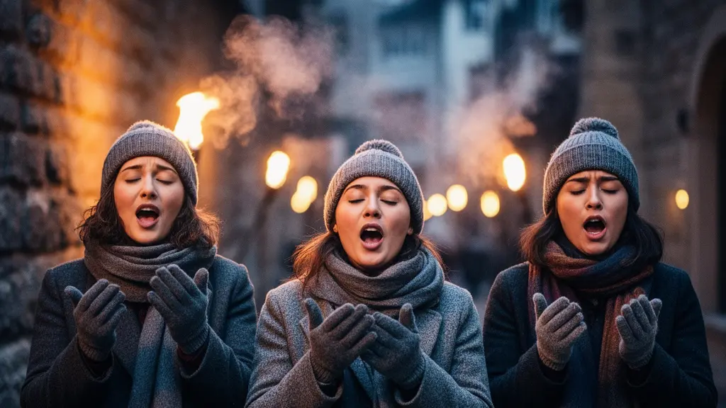 Gros plan d’un petit groupe de personnes chantant ensemble en extérieur par temps froid à Genève, lumière de torches, émotion visible.