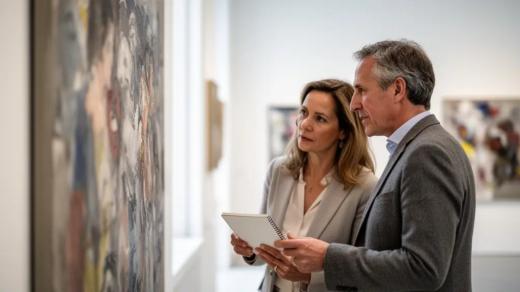 Un couple de collectionneurs internationaux examine avec attention une œuvre d'art contemporain dans une galerie genevoise, lumière naturelle douce