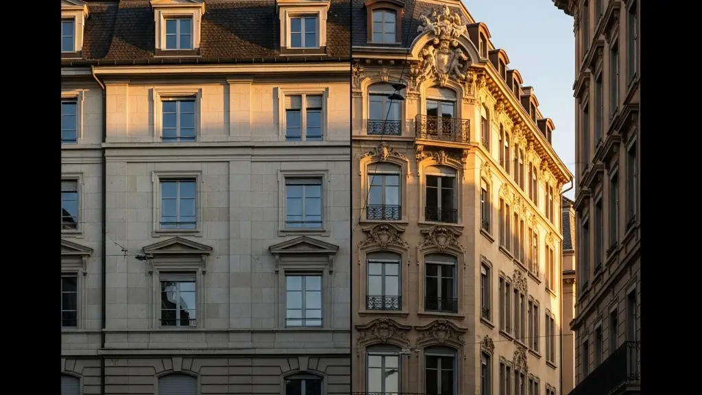 Contraste architectural entre façades genevoises sobres et architecture lyonnaise ornementée