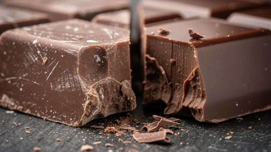 Gros plan macro sur deux morceaux de chocolat cassés côte à côte, l'un mat et granuleux, l'autre brillant et lisse, illustrant la différence de qualité entre chocolat industriel et artisanal