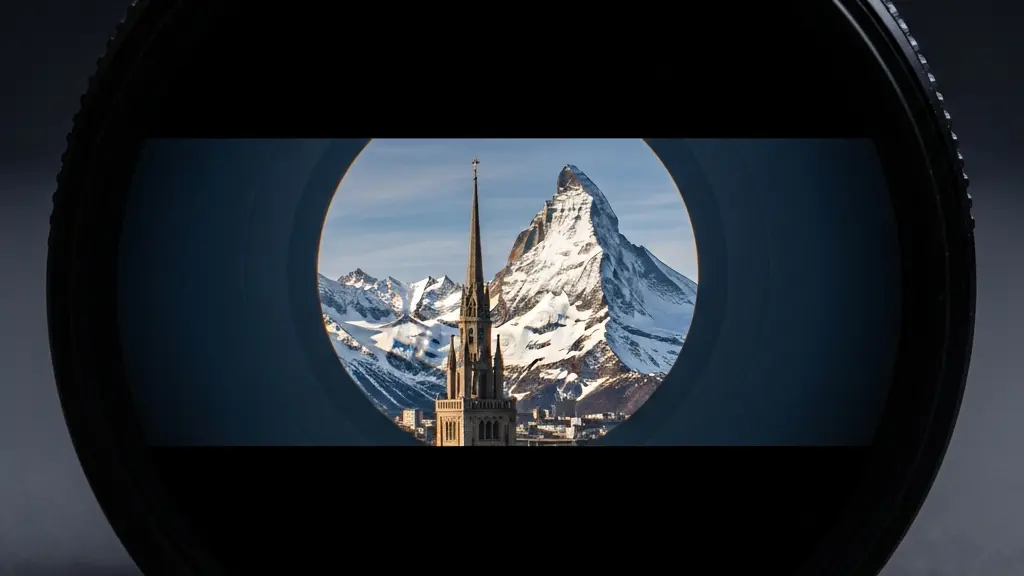 Représentation conceptuelle de l'effet de compression d'un téléobjectif alignant un bâtiment urbain et une montagne lointaine.