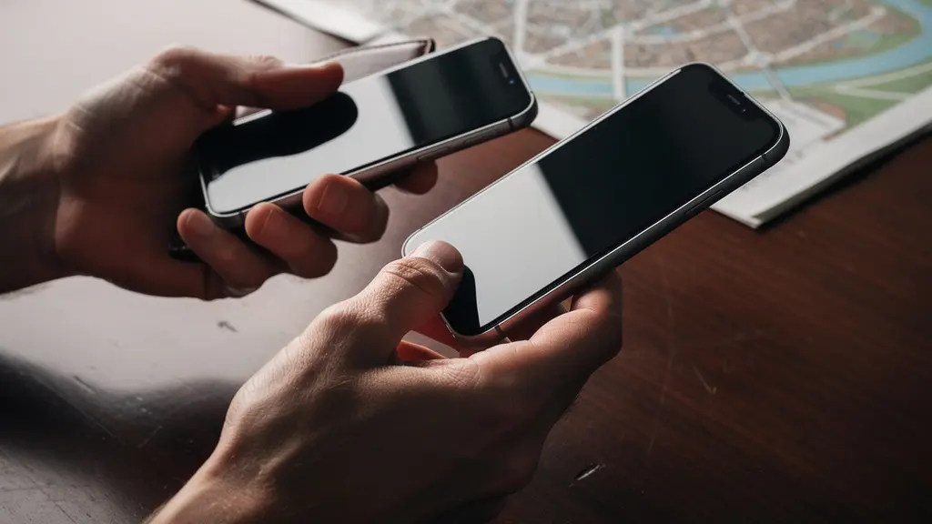 Gros plan sur des mains expertes manipulant plusieurs téléphones et documents dans un environnement de bureau sophistiqué