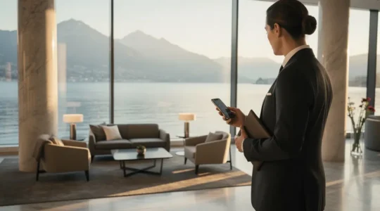 Vue élégante d'un concierge en costume sombre tenant discrètement un smartphone dans un lobby d'hôtel de luxe genevois avec vue sur le lac