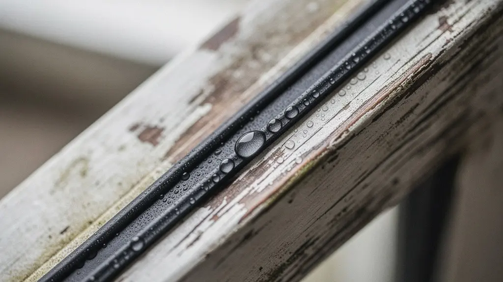 Gros plan sur des gouttelettes de condensation au bord d’une fenêtre en bois, illustrant le risque d’humidité et de moisissure après étanchéification sans ventilation.
