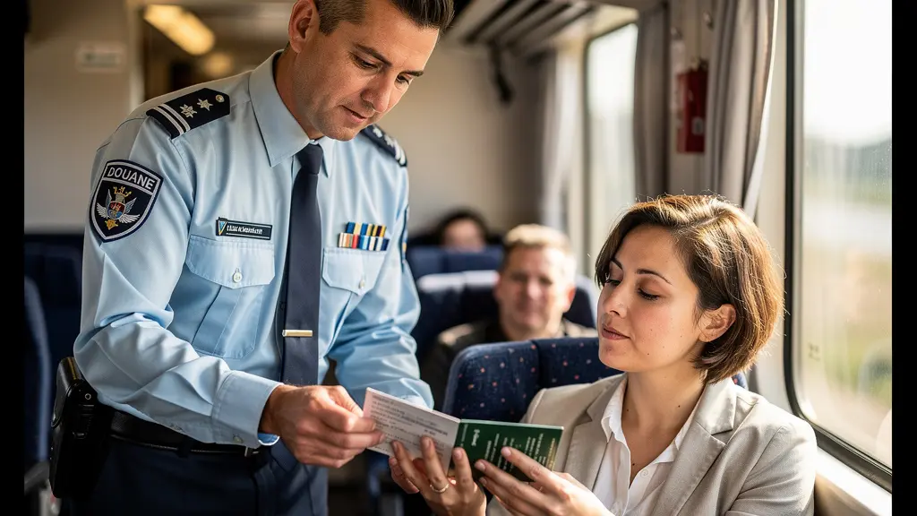 Agent des douanes vérifiant discrètement des documents dans un wagon de train