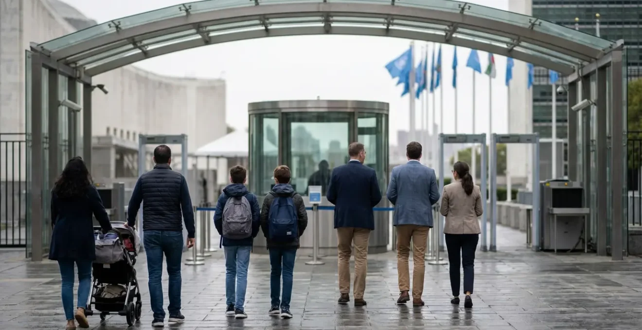 Vue arrière de visiteurs passant le portail de sécurité moderne du Palais des Nations
