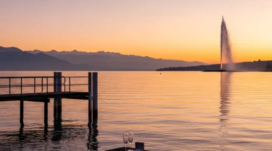 Vue panoramique du lac Léman à Genève au coucher du soleil avec le Jet d'eau en arrière-plan, évoquant une atmosphère romantique pour une demande en mariage surprise