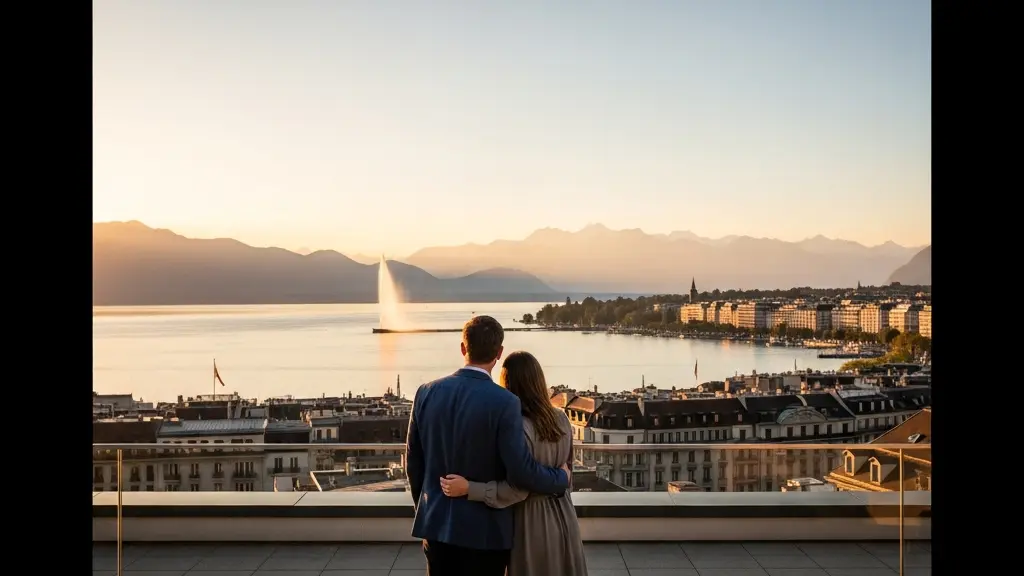 Couple discret sur une terrasse privée avec vue sur le lac Léman à Genève, préparant une demande en mariage surprise.