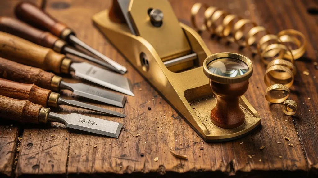 Gros plan macro sur des outils de menuiserie de précision posés sur un établi en bois, illustrant la rigueur artisanale genevoise