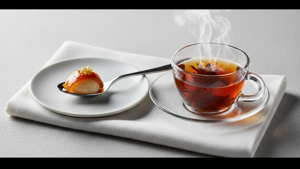 Gros plan sur une petite bouchée gastronomique et une infusion, évoquant la gestion du rythme d’un menu dégustation.