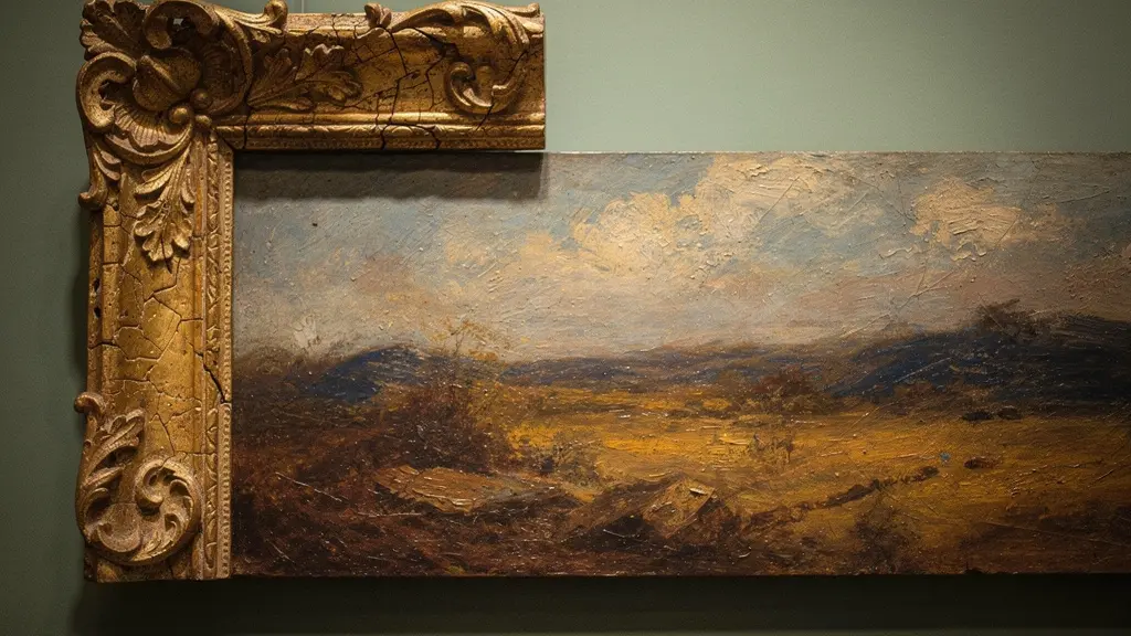 Gros plan sur les détails dorés d'un cadre ancien de tableau dans un musée genevois, évoquant la richesse des collections du MAH