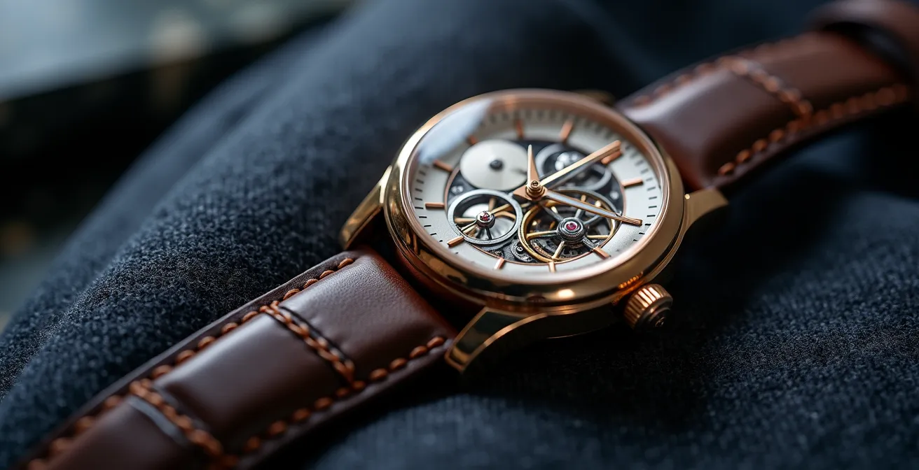 Détail macro d'une montre suisse de luxe posée sur un tissu de costume haute couture