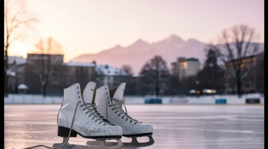 Paire de patins à glace posée sur une surface de glace extérieure avec vue sur les montagnes enneigées au crépuscule à Genève
