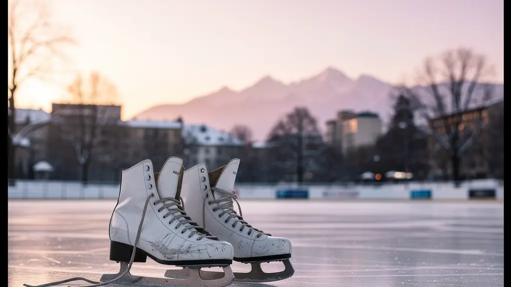 Paire de patins à glace posée sur une surface de glace extérieure avec vue sur les montagnes enneigées au crépuscule à Genève