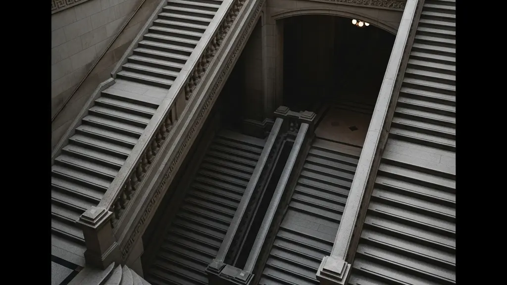 Escalier monumental de musée en pierre, jeu de lumière symbolisant la montée vers les Beaux-Arts lumineux et la descente vers l'archéologie plus sombre.