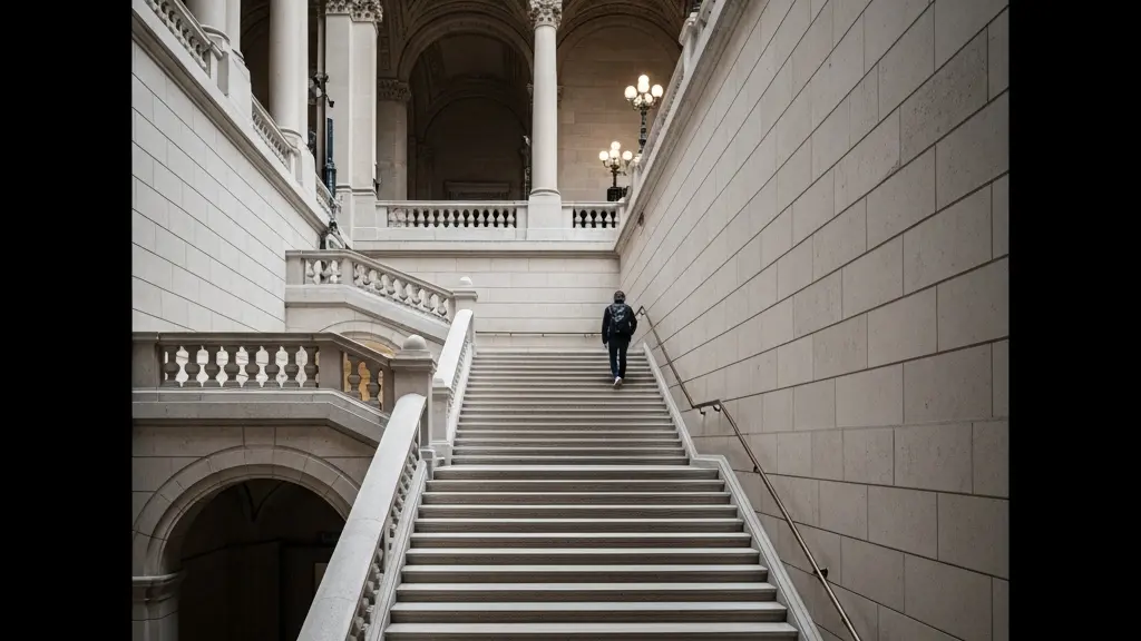 Escalier monumental d'un musée à Genève, lumineux et épuré, suggérant une visite qui commence en haut puis descend.