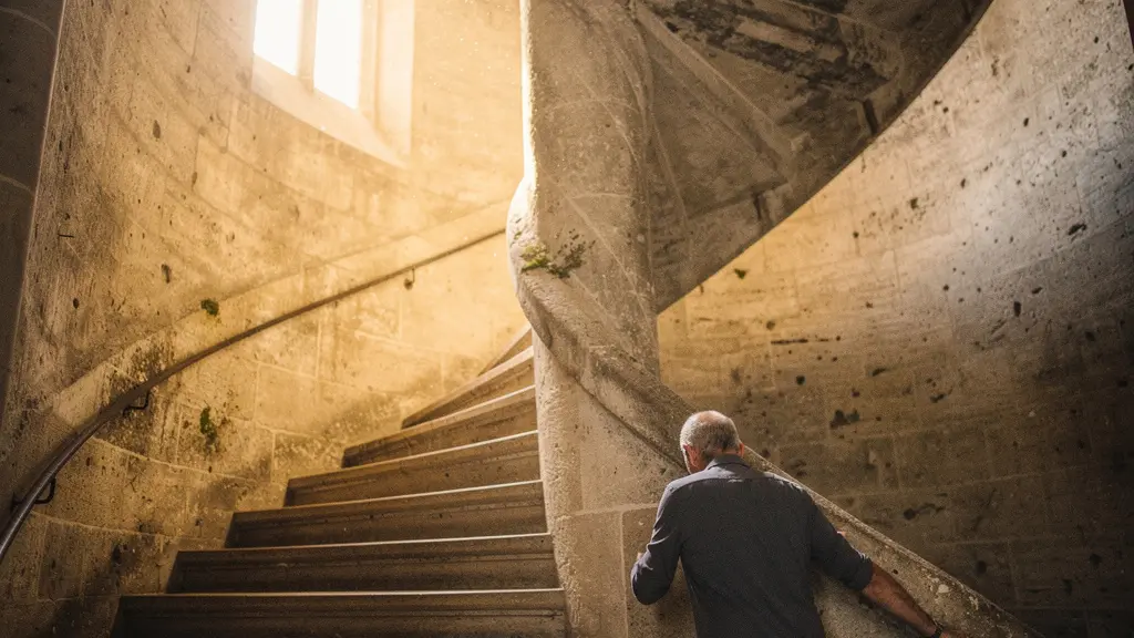 Escalier en colimaçon de la tour nord de la Cathédrale Saint-Pierre de Genève, avec la lumière filtrant par une ouverture en arc