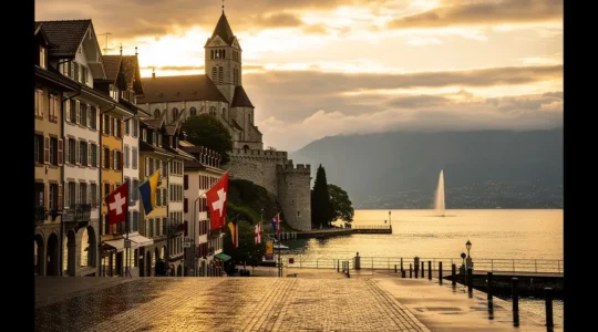 Vue panoramique de Genève avec la cathédrale Saint-Pierre et le lac Léman
