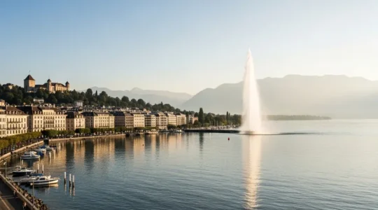 Vue panoramique de Genève avec le Jet d'eau, le lac Léman et la chaîne des Alpes en arrière-plan