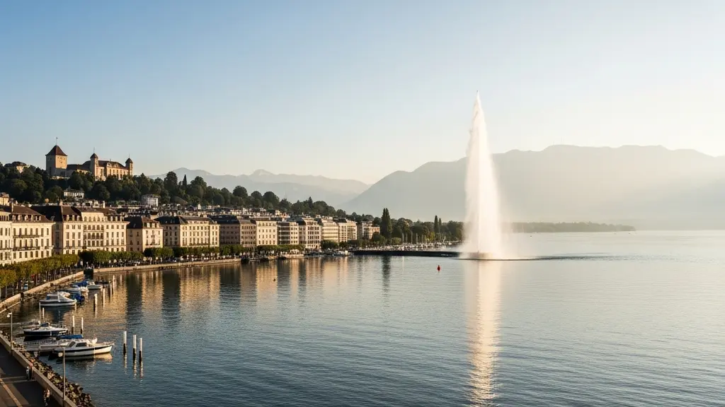 Vue panoramique de Genève avec le Jet d'eau, le lac Léman et la chaîne des Alpes en arrière-plan