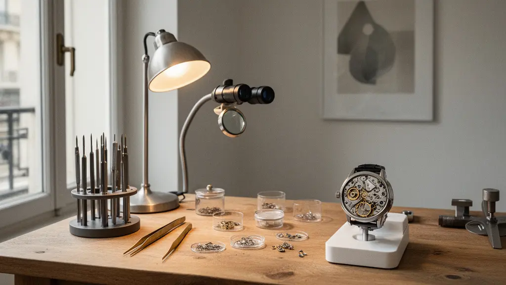 Établi d'horloger genevois avec outils de précision, tournevis et loupe binoculaire disposés autour d'un mouvement en cours de révision
