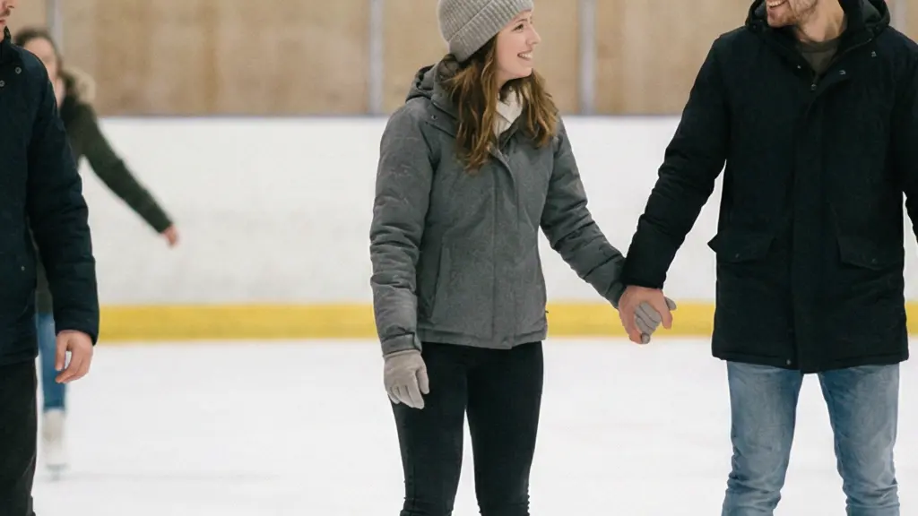 Un couple patine main dans la main en suivant le flux sur une patinoire, pendant qu'un patineur se réoriente discrètement pour ne pas gêner.
