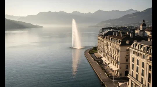 Vue aérienne de Genève avec son jet d'eau emblématique et les manufactures horlogères au premier plan