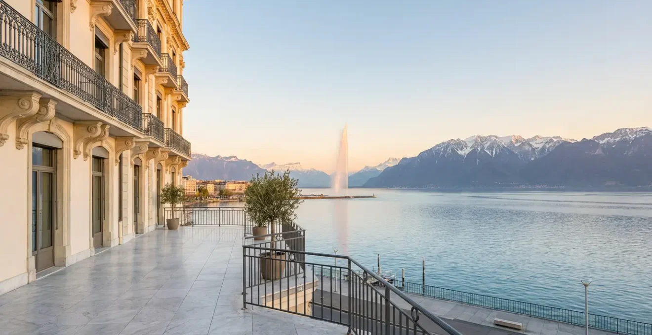 Vue panoramique d'un palace genevois sur les rives du Léman avec le Jet d'Eau en arrière-plan