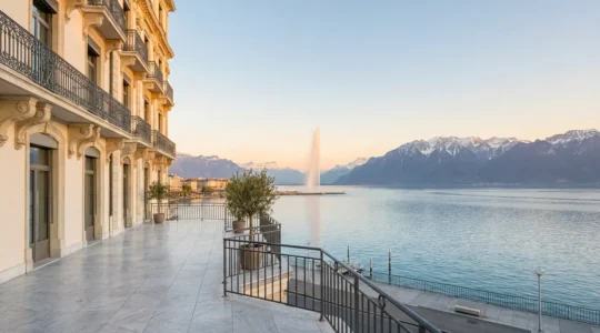 Vue panoramique d'un palace genevois sur les rives du Léman avec le Jet d'Eau en arrière-plan