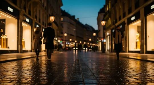Vue nocturne impressionnante de la rue du Rhône avec ses vitrines illuminées reflétant sur le pavé mouillé