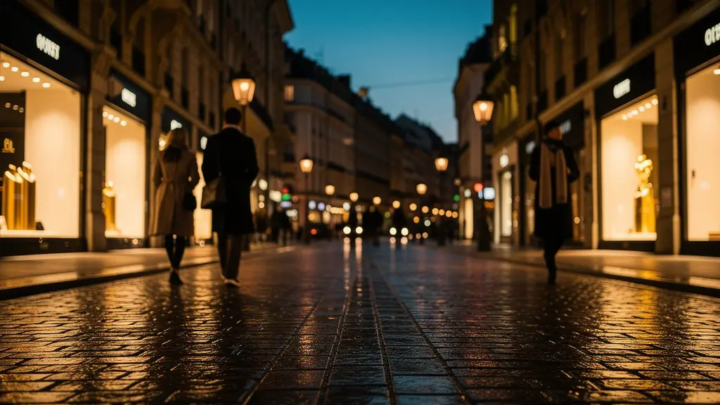 Vue nocturne impressionnante de la rue du Rhône avec ses vitrines illuminées reflétant sur le pavé mouillé