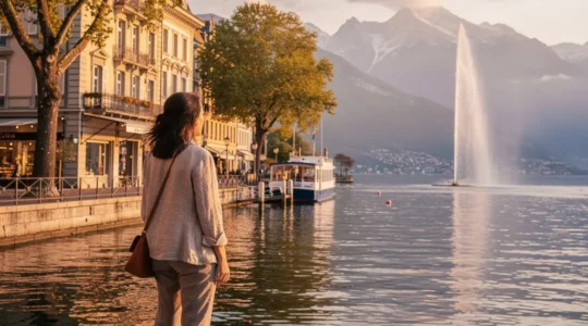 Femme voyageant seule admirant le panorama du lac Léman à Genève avec le jet d'eau en arrière-plan