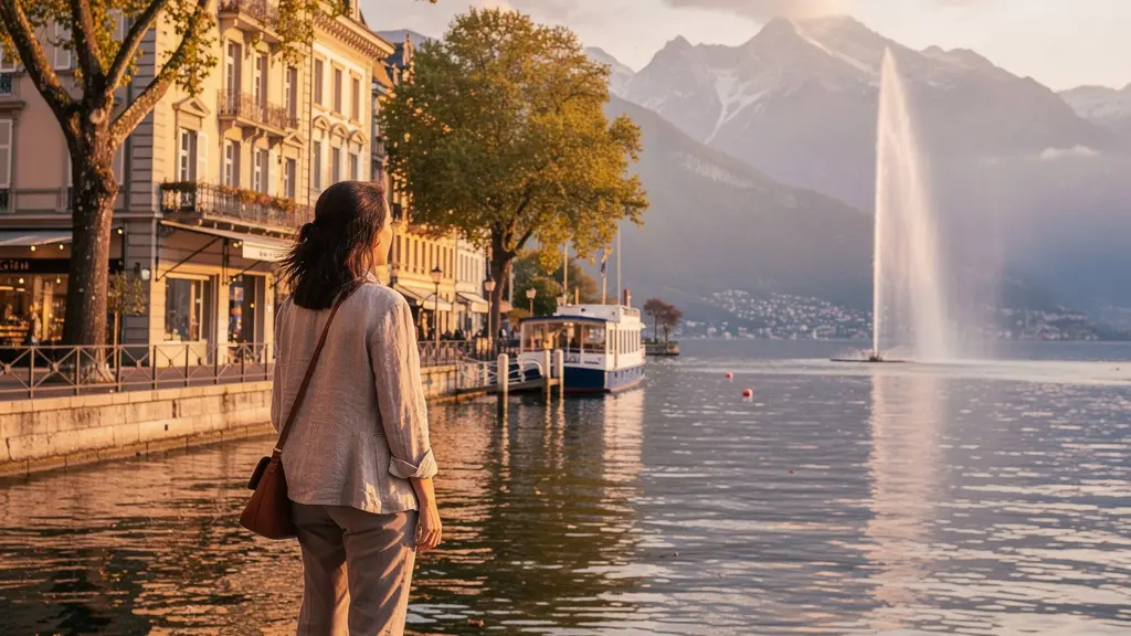 Femme voyageant seule admirant le panorama du lac Léman à Genève avec le jet d'eau en arrière-plan